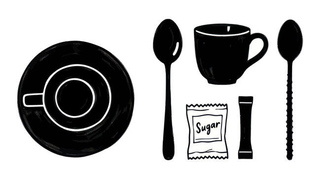 Black Silhouette of Coffee Cup Saucer Spoon Sugar Packet and Stirrer.