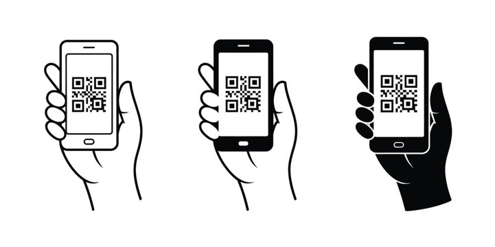 QR code scan icon vector set featuring mobile phone scanning symbol and hand holding phone for digital payment and app interface design.