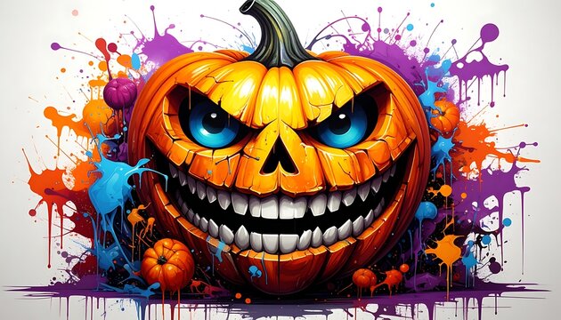 Halloween pumpkin with colorful paint splashes.