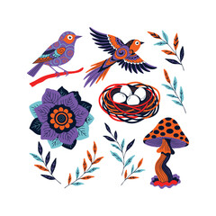 Fototapeta premium Boho Folk Art Nature Set with Decorative Birds, Nest, Mushroom, and Floral Elements
