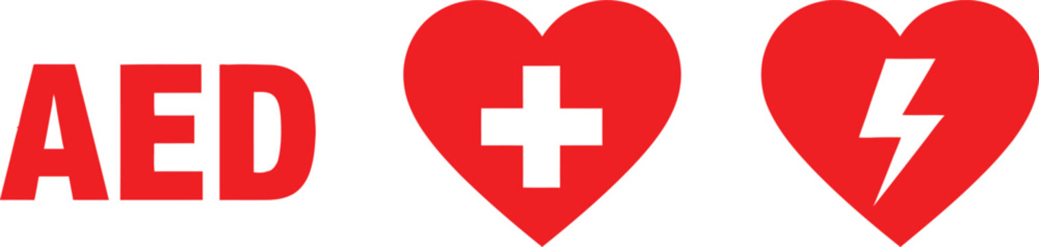 Aed sign with red heart symbols and lightning bolt for emergency medical care Vector