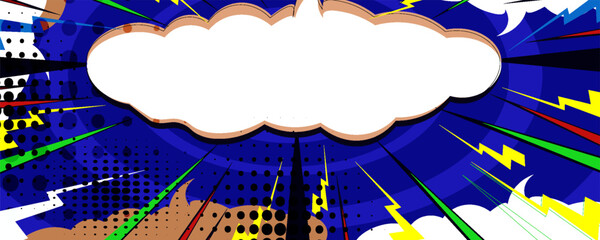 Pop art comic halftone burst background with cloud and thunder flash. Cartoon Illustration © Adi