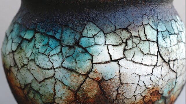 Close up of Raku pottery surface with beautiful crackle glaze texture.
