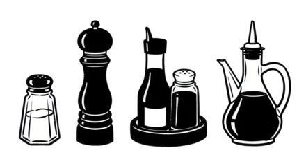 Classic kitchen condiment set with salt, pepper, oil, and sauce dispensers. © Ndog