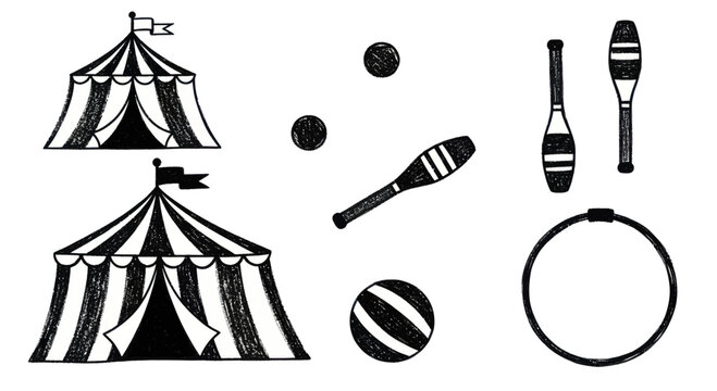 Circus Tents and Juggling Props Hand Drawn Illustration.