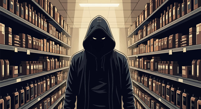 Vector illustration of a mysterious hooded figure with glowing eyes standing in a dark supermarket aisle flanked by shelves stocked with bottles under a bright overhead spotlight.
