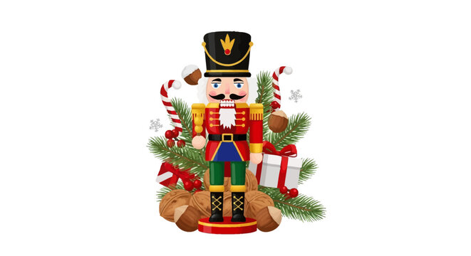 Traditional nutcracker soldier figurine standing amidst walnuts, hazelnuts, pine branches, candy canes, and gift boxes, isolated on a white background for Christmas holiday decor.