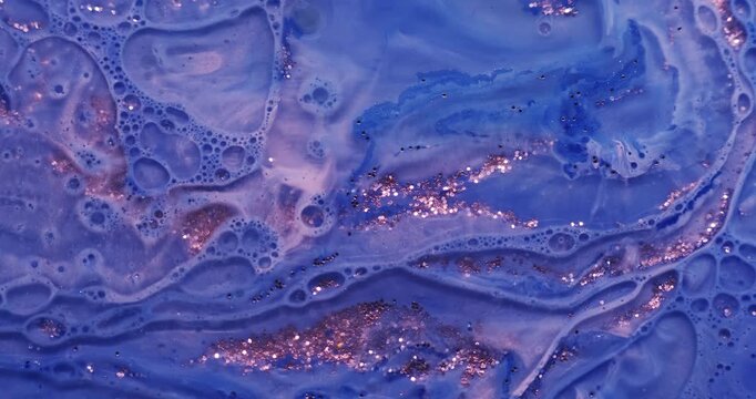 Marble paint. Acrylic oil bubbles. Defocused blue color water droplet glitter sequins round pigment spill on abstract bright art background.