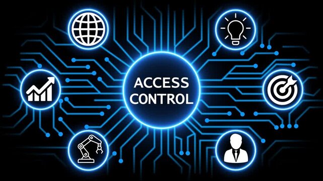 access control concept with circuit lines and digital symbols hovering above a businessman, technology. manufacturing process management all connected in a digital circle like pattern.