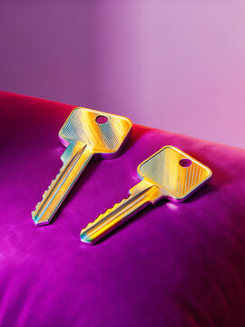 Two golden keys on red velvet fabric magenta backdrop luxury security artwork
