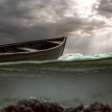Empty wooden rowboat in stormy sea moody atmospheric solitude conceptual scene