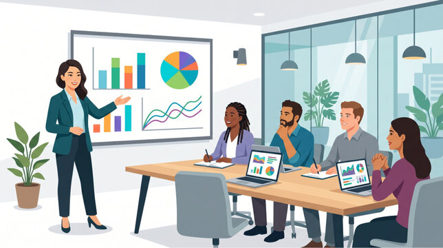 Business analytics presentation with data scientist and team reviewing charts vector illustration
