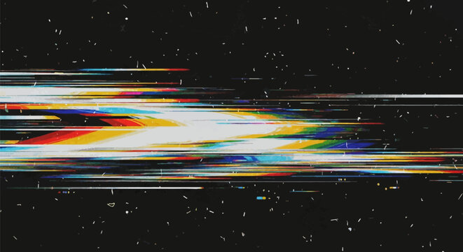 Abstract horizontal glitch distortion background featuring colorful light streaks, heavy analog film grain texture, white dust particles, and chromatic aberration on dark base.