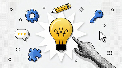 Unlocking Innovation Hand Engages with Lightbulb, Gears, and Puzzle Pieces for Creative Solutions © Tharusha