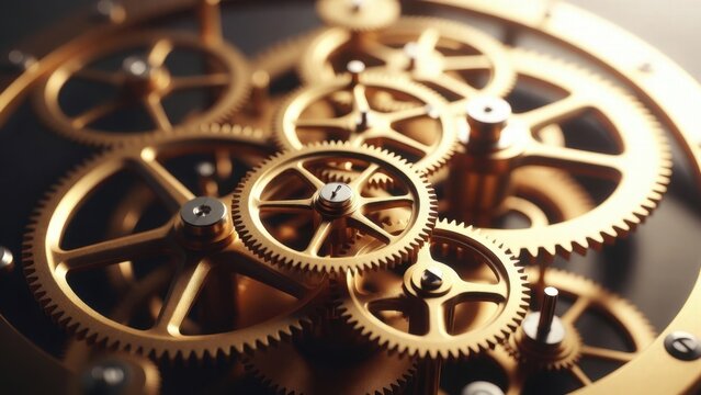 Precision brass cogwheels meshing over dark polished baseplate