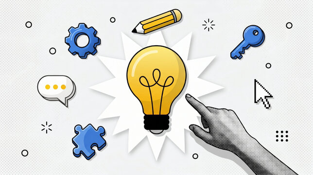 Unlocking Innovation Hand Engages with Lightbulb, Gears, and Puzzle Pieces for Creative Solutions