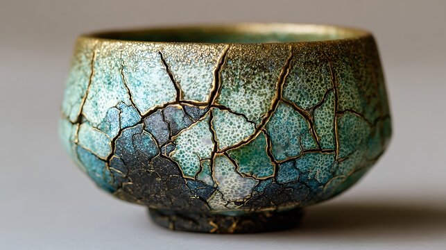 Artistic Japanese Raku Pottery Tea Bowl with Cracked Glaze.