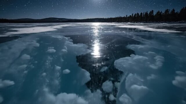 A serene winter night landscape with a full moon reflecting on a frozen lake with snow and ice formations