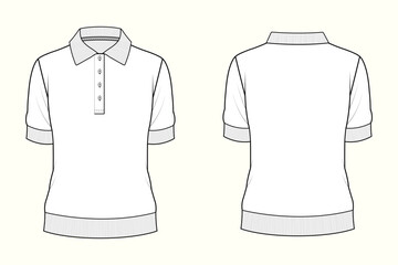 Women's Ribbed-Trim Short Sleeve Polo Shirt Knit Fashion Technical Flat Sketch Template © MdAmirul