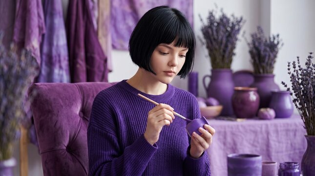 A woman with a dark bob meticulously paints a small pot in a monochromatic purple studio. The scene symbolizes the meditative power of focused creativity and the pursuit of a singular, immersive passi