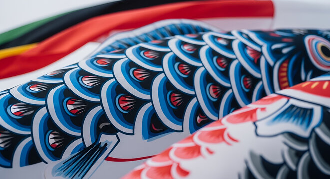 Close-up of colorful Japanese Koi fish flags (Koinobori) with traditional scales and patterns against a blurred background