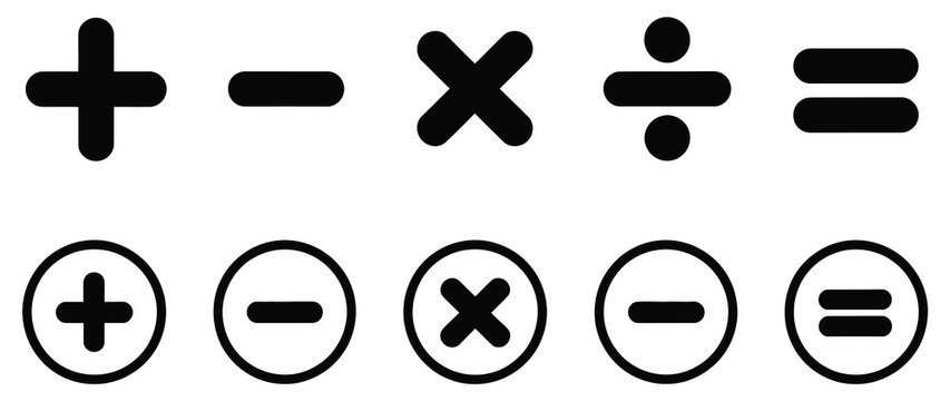Math symbols icons showing plus, minus, multiply, divide, and equal signs for arithmetic operations, education content, and modern calculator interface design projects.