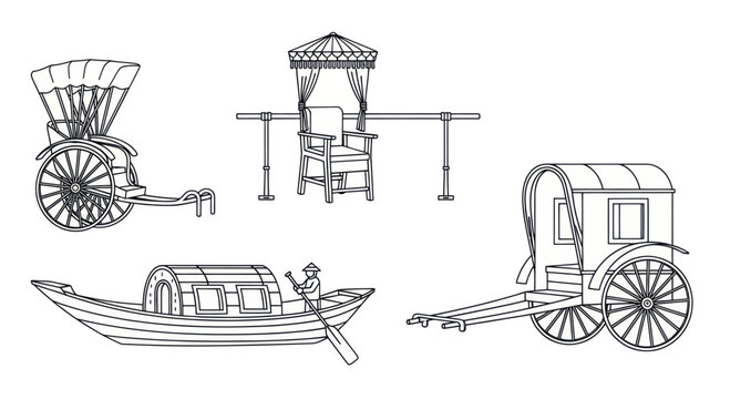 Collection of Vintage Transportation Methods Including Rickshaw Boat and Carriage.