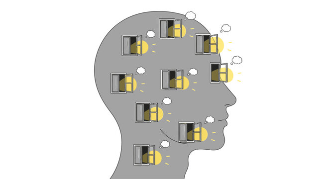 Human head silhouette with bees representing busy mind and multitasking concept, mental activity illustration for productivity, stress and brainstorming ideas