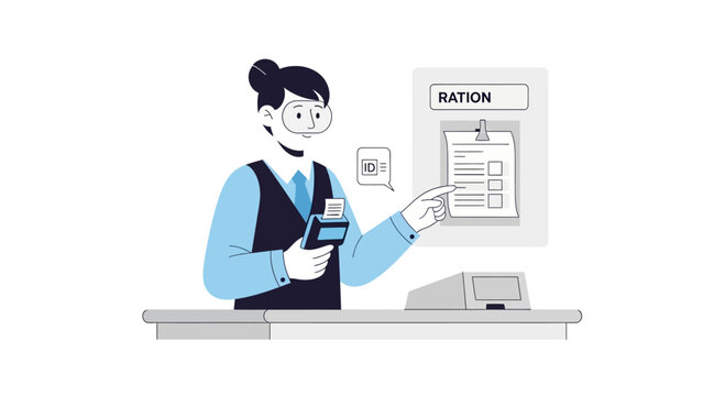 Cashier with receipt printer and ration list, accounting and retail service concept
