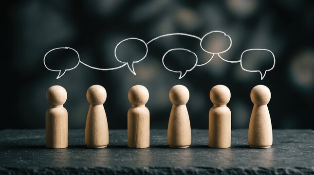 Wooden figures connected by a thought bubble chain with chain reaction communication connection teamwork discussion