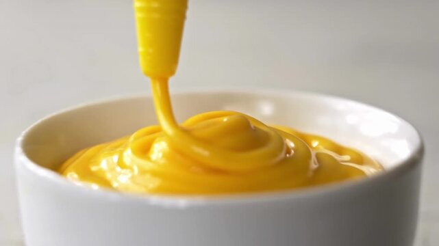 Yellow mustard sauce dispensing into white bowl close up food preparation