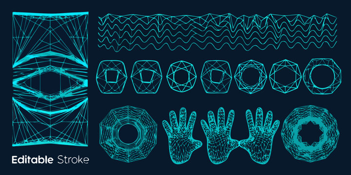 3d wireframe models of hands and geometric shapes on a dark blue background high quality