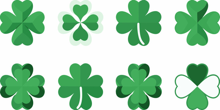 Collection of green clover illustrations with three four and five leaves on a white background