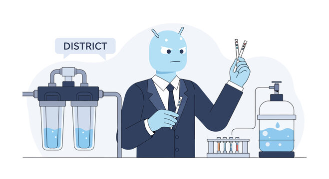 Alien scientist in suit tests water quality with filtration system and lab equipment