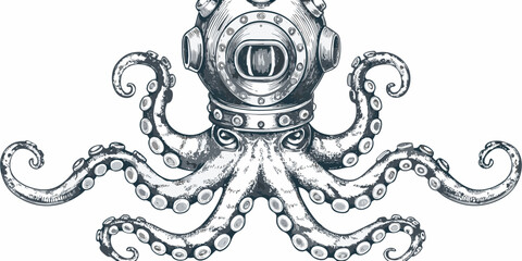 Octopus wearing a vintage diving helmet detailed ink sketch on a white background high quality © Titul
