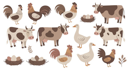 Farm Animals Collection Featuring Cows Roosters Chickens and Geese. © Rejeki