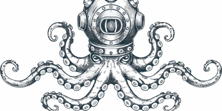 Octopus wearing a vintage diving helmet detailed ink sketch on a white background high quality