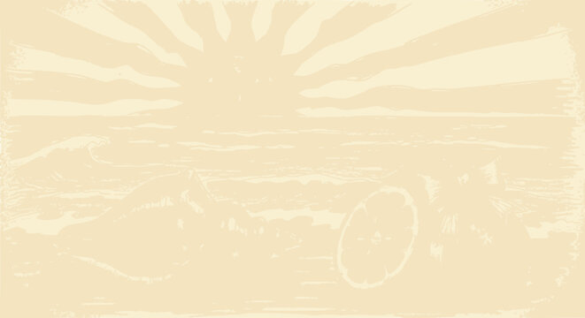 Retro Beach Sunset with Sun Rays and Orange Slice