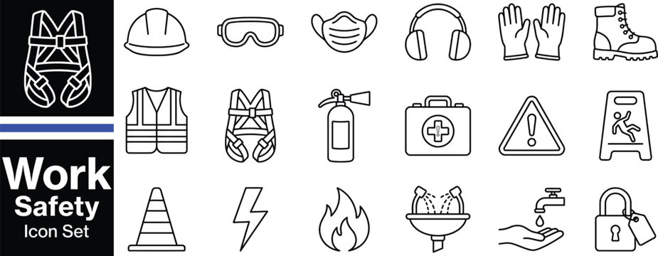 Occupational Work Safety and PPE Equipment Line Icon Set