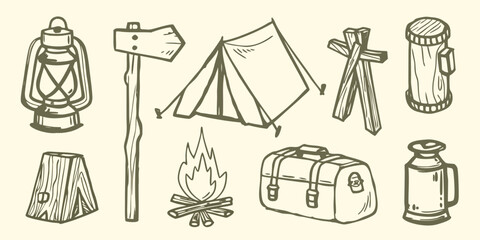 Camping equipment collection hand drawn style sketch with tent lantern and campfire high quality professional © Titul