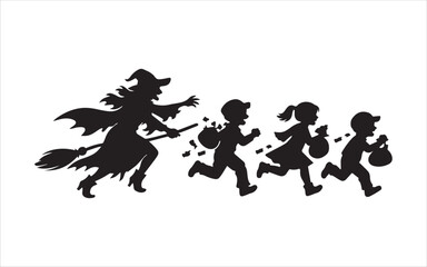 Obraz premium Witch on broomstick chasing children trick or treating silhouette