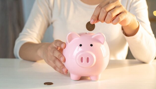 豚の貯金箱・コイン・貯金・節約・首下・顔なし・家計管理・資産形成・貯蓄・金融広告素材／Hands inserting coin into pink piggy bank, face not visible neck down, saving money personal finance household budget advertising stock photo, Japanese savin