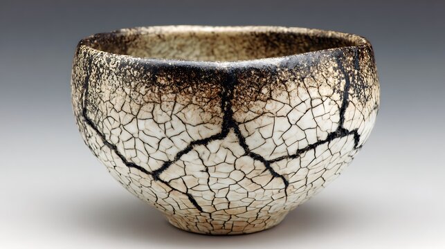 Handcrafted Raku Ceramic Bowl with Intricate Crackle Glaze Pattern.