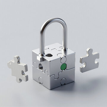 Abstract metal puzzle cube representing legal jurisdiction matching
