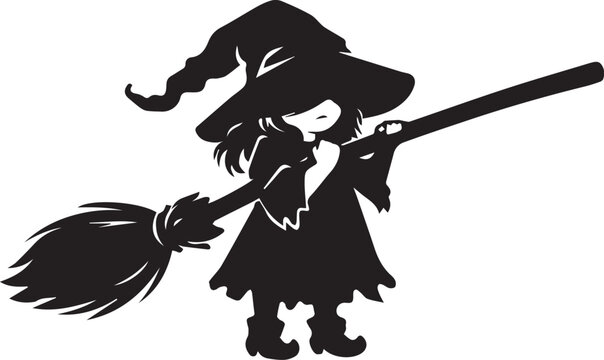 Cute little child witch holding a large broomstick silhouette