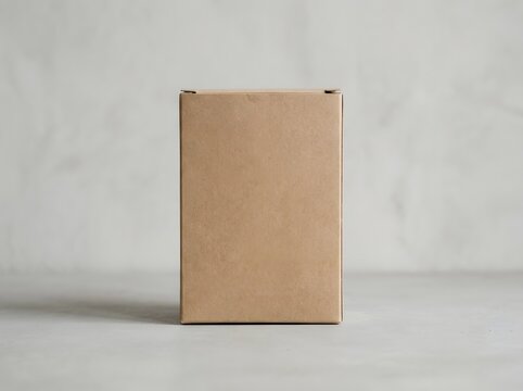 A rectangular product box mockup sits on a surface in a room.