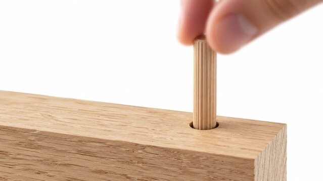 Shallow depth of field shot of a ribbed wooden dowel entering a pre drilled hole in a light oak plank a soft out of focus hand gently guiding the dowel from the top edge of the frame