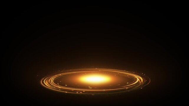 Majestic golden particle ring rotating circle loading HUD exploding central light. Abstract cinematic galaxy big bang energy background. golden awards ceremony background rings and sparkling elements,