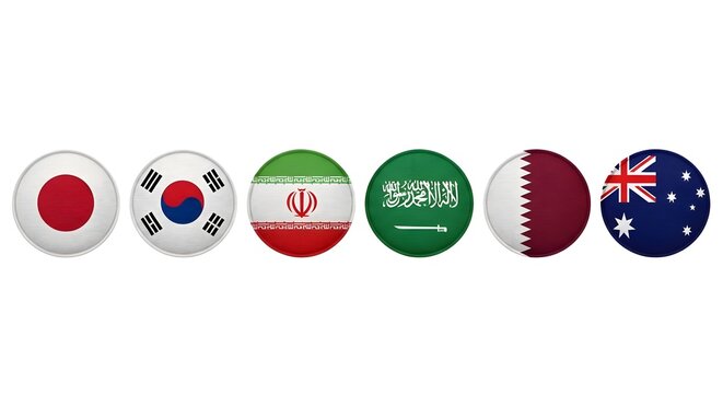 Six circular national flag icons of Japan South Korea Iran Saudi Arabia Qatar and Australia isolated.