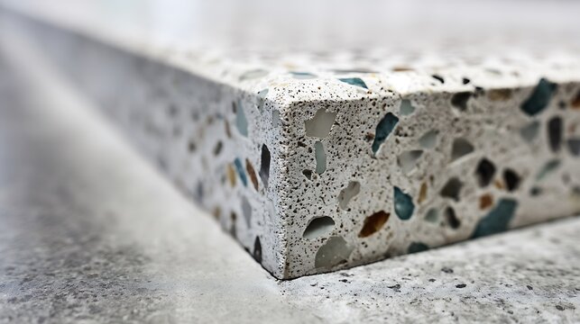 Close up of a polished concrete surface with embedded decorative aggregate stone.